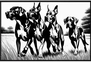 full arm sleeve on guy with (4) Four Great Dane floppy ear dogs running together in the field tattoo idea