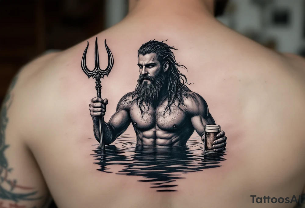 young, happy, fit poseidon in calm water, holding a trident, drinking a beer, with sunset, with ski bare feet tattoo idea