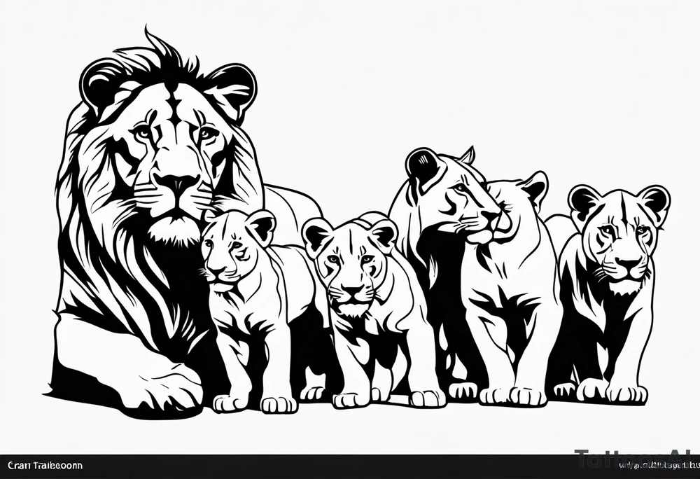 a female lion sketch, with the face in a position of 3/4, with 6 cubs, black and white, lines and low amont of shadow tattoo idea