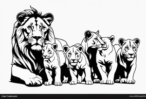 a female lion sketch, with the face in a position of 3/4, with 6 cubs, black and white, lines and low amont of shadow tattoo idea