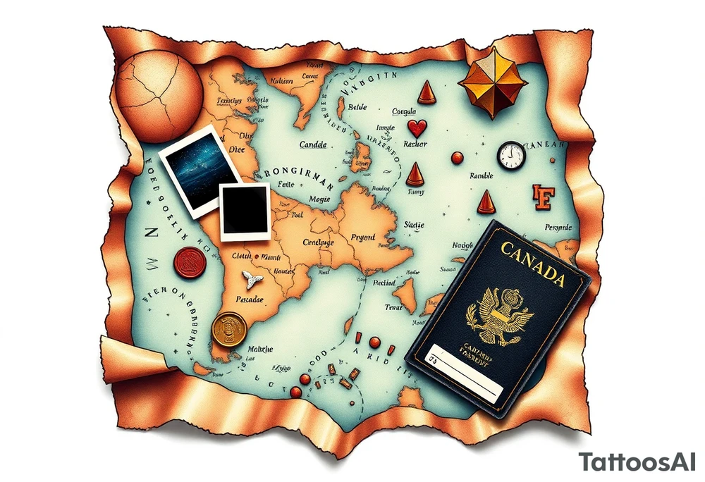 Navigator map with torn/burnt edges, with polaroids, coins, open Canadian passport, and show tickets tattoo idea