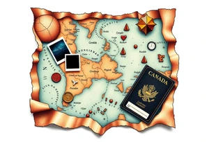 Navigator map with torn/burnt edges, with polaroids, coins, open Canadian passport, and show tickets tattoo idea