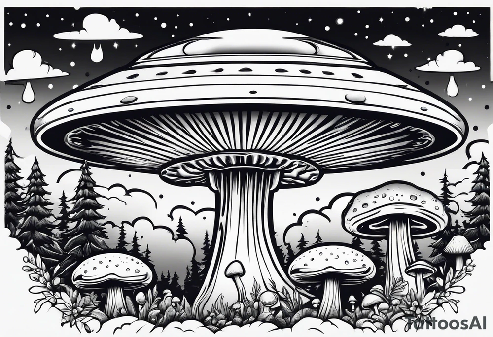small ufo in sky above mushrooms and trees tattoo idea