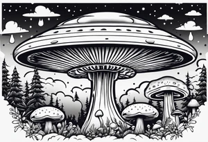small ufo in sky above mushrooms and trees tattoo idea