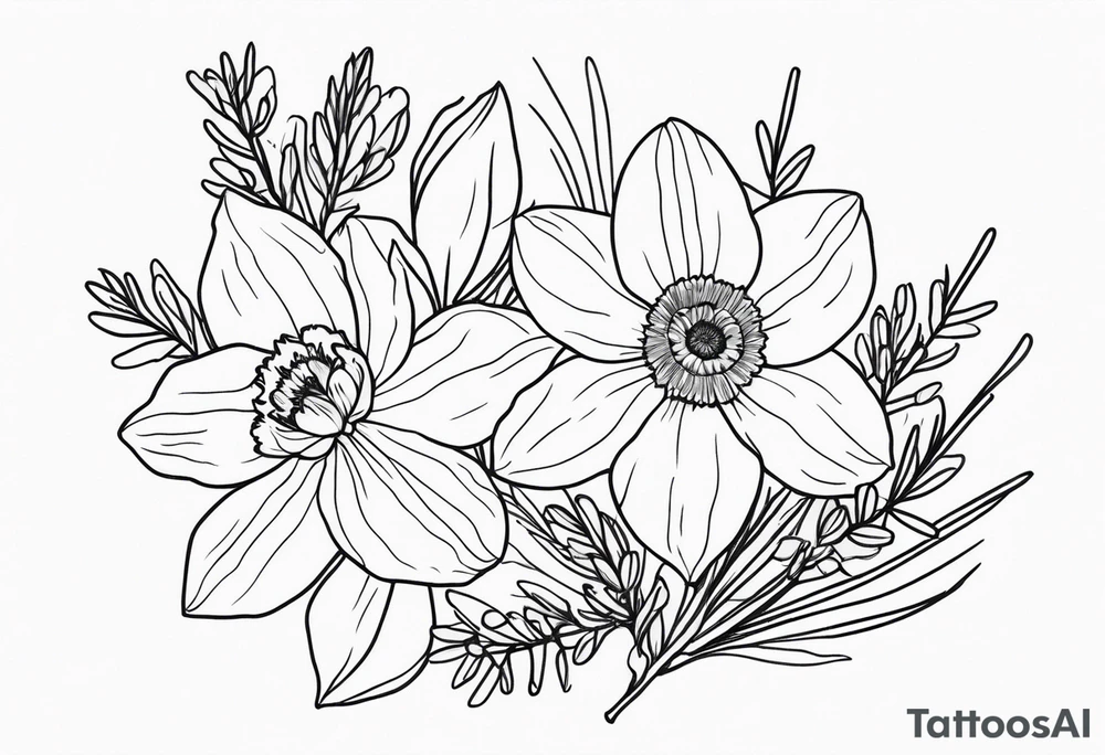Simple, fine-line tattoo. Outline. Daffodil, pine sprig, aster, and willow sprig bouquet. tattoo idea