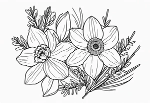 Simple, fine-line tattoo. Outline. Daffodil, pine sprig, aster, and willow sprig bouquet. tattoo idea