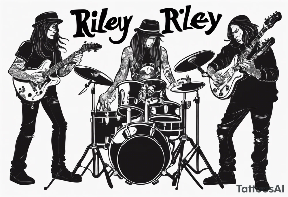 shadows of band members playing instruments. The words Riley and Jasper are formed by the parts of the picture. tattoo idea