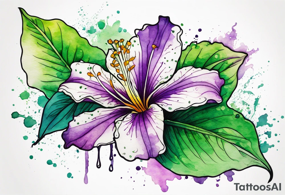 An outline of a green rio dipladenia flower and a purple watercolor splash in the background tattoo idea
