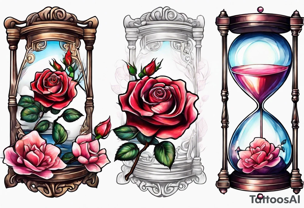 Rose beside hourglass with sakura tree inside tattoo idea