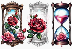 Rose beside hourglass with sakura tree inside tattoo idea