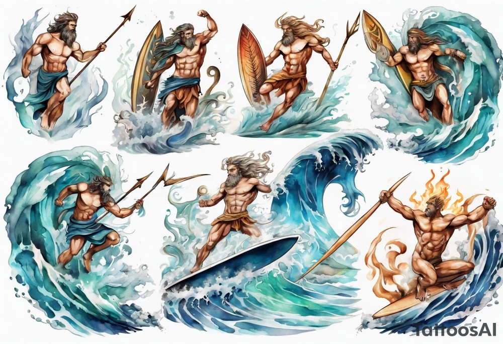 Ancient Greek gods of the sea fighting with surfer  and trident tattoo idea
