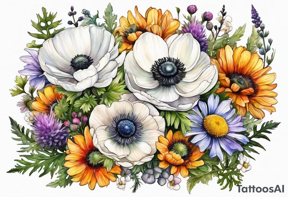 white anemone with black center in the middle of wildflowers with thistles, ferns, ranuculus, sun flowers, mixed color flowers and different shapes all in watercolor tattoo idea