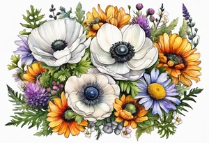 white anemone with black center in the middle of wildflowers with thistles, ferns, ranuculus, sun flowers, mixed color flowers and different shapes all in watercolor tattoo idea