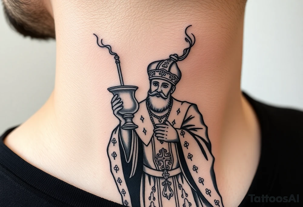 Russian Orthodox Priest in a fully detailed gold vestment swinging a censer with smoke curling upward tattoo idea