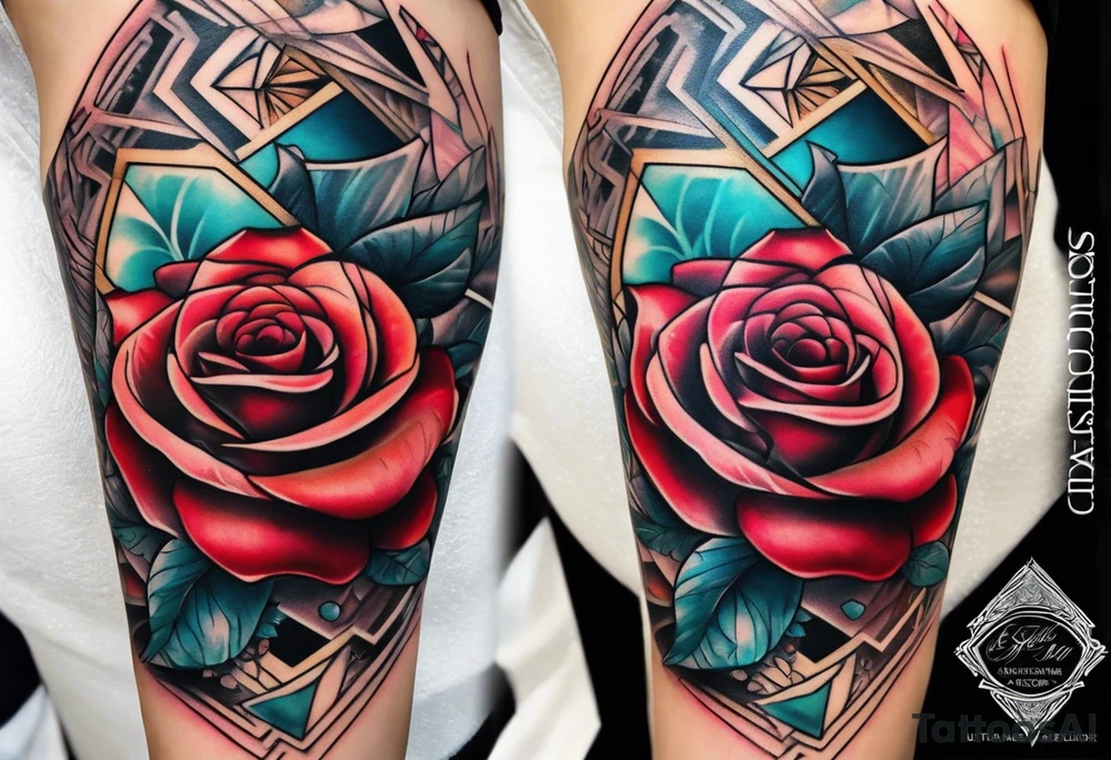 knee tattoo with geometry, roses and swirl washes in background tattoo idea
