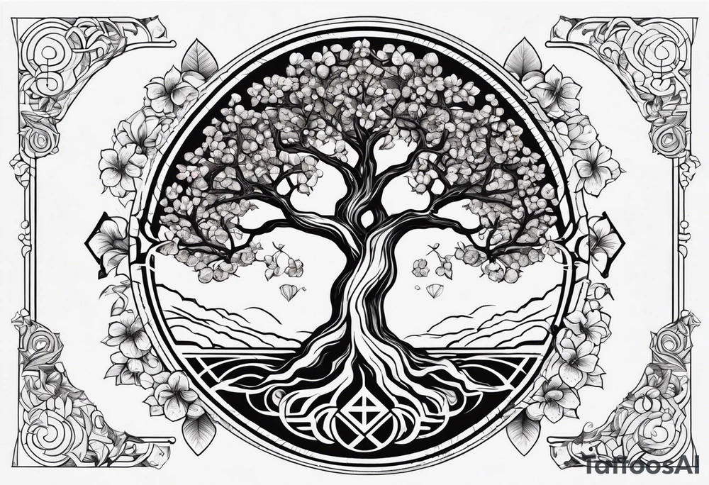 yggdrasil, five or six cherry tree flower on the upper left, the logo of tommorowland, and on the background a geometrical shape tattoo idea