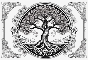 yggdrasil, five or six cherry tree flower on the upper left, the logo of tommorowland, and on the background a geometrical shape tattoo idea