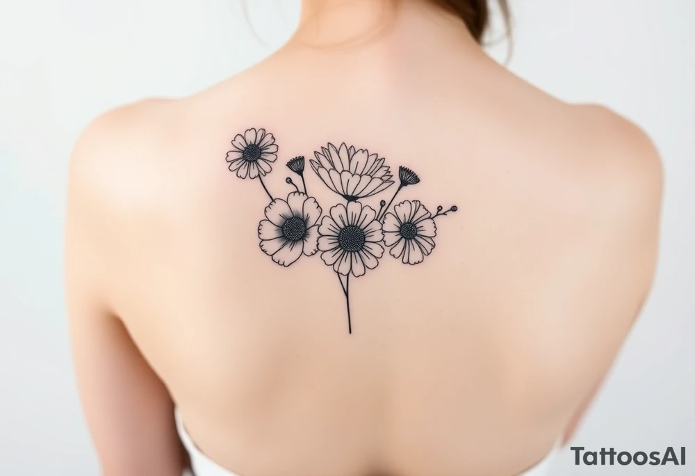 Small flower bouquet with order of flowers, daisy, cosmo, poppy, chrysanthemum, cosmo tattoo idea