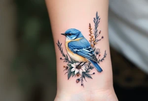 Puffy bluebird surrounded by wild flowers tattoo idea