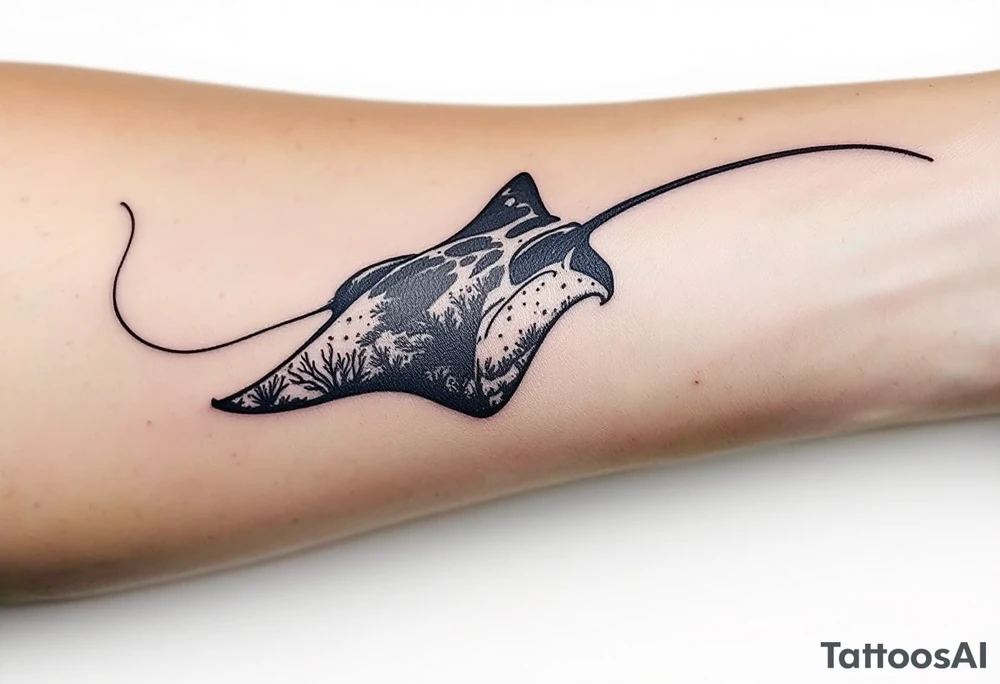 Manta Ray swimming, diver bellow, coral reef bellow for forearm tattoo idea