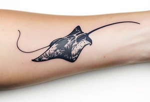 Manta Ray swimming, diver bellow, coral reef bellow for forearm tattoo idea