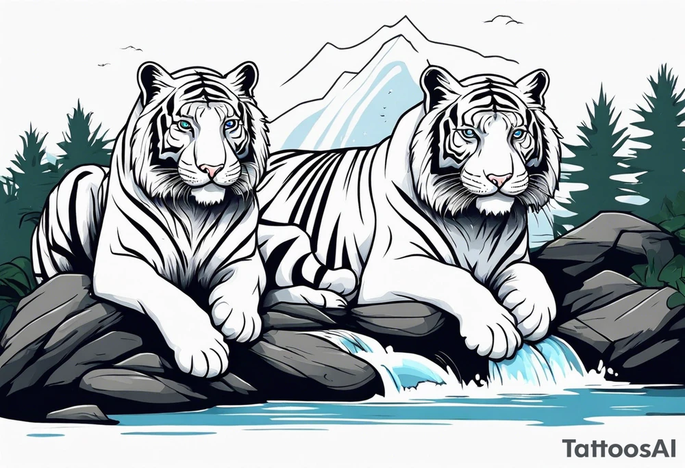 Two white tigers in nature separated by a waterfall tattoo idea