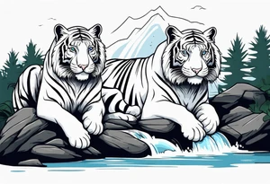 Two white tigers in nature separated by a waterfall tattoo idea