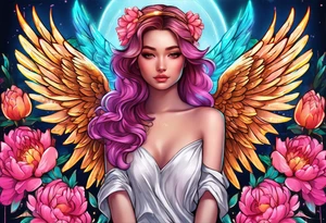 beautiful colorful neon angel wings, surrounded by beautiful peonies, new school style, streetwear, urban wear, tattoo idea
