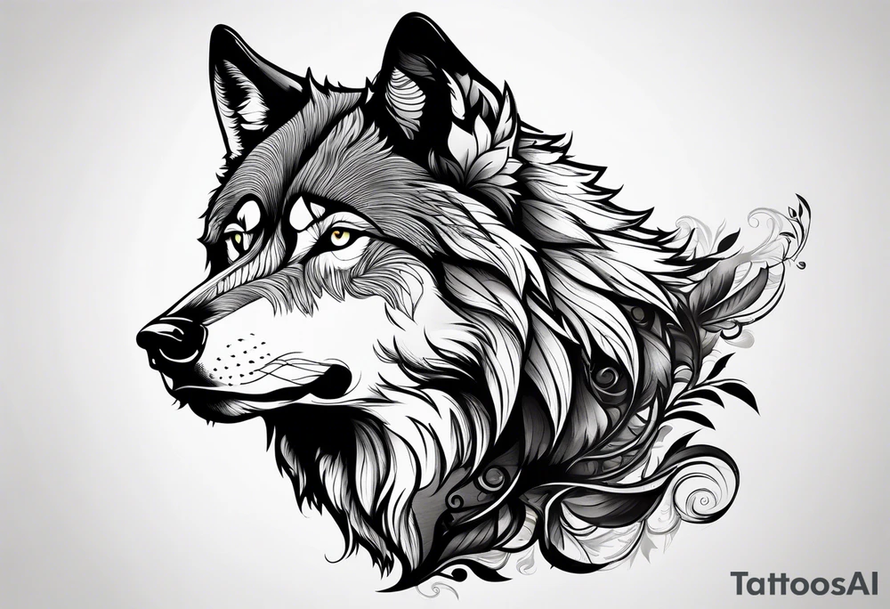 right side profile of a wolf face tattoo idea