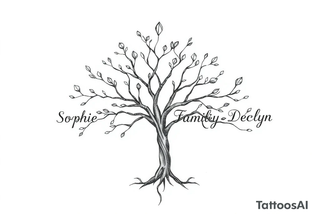 small family tree tattoo with names sophie, chloe, shannon, hannah, hunter, jacob and declyn tattoo idea