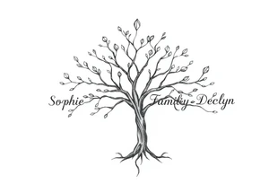 small family tree tattoo with names sophie, chloe, shannon, hannah, hunter, jacob and declyn tattoo idea