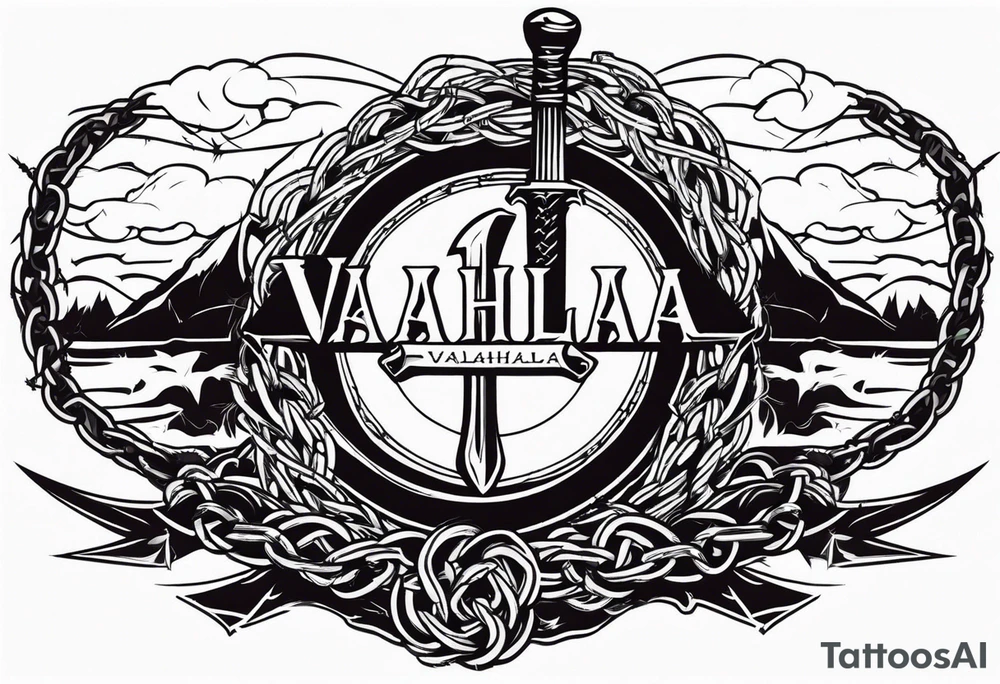 Valhalla sword shield axe barbed wire chains dark cloud lightning tattoo idea