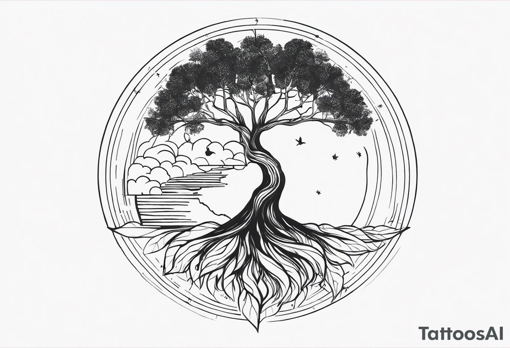 minimalistic, fine line tattoo, very few lines only, showing a globe growing out of a tree stem while leaving out the leaves of the tree, symbolizing the love for traveling and experiencing the world and new cultures but not forgetting about the roots of family and friends who I am very grateful for tattoo idea