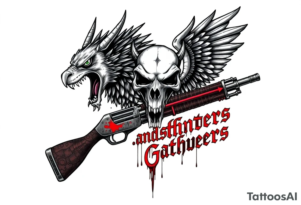 Rabid demon wolf dragon eagle skull on standing futuristic gun hatchet "hunters and gatherers"written in bloody olde English tattoo idea