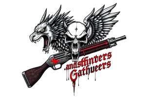 Rabid demon wolf dragon eagle skull on standing futuristic gun hatchet "hunters and gatherers"written in bloody olde English tattoo idea