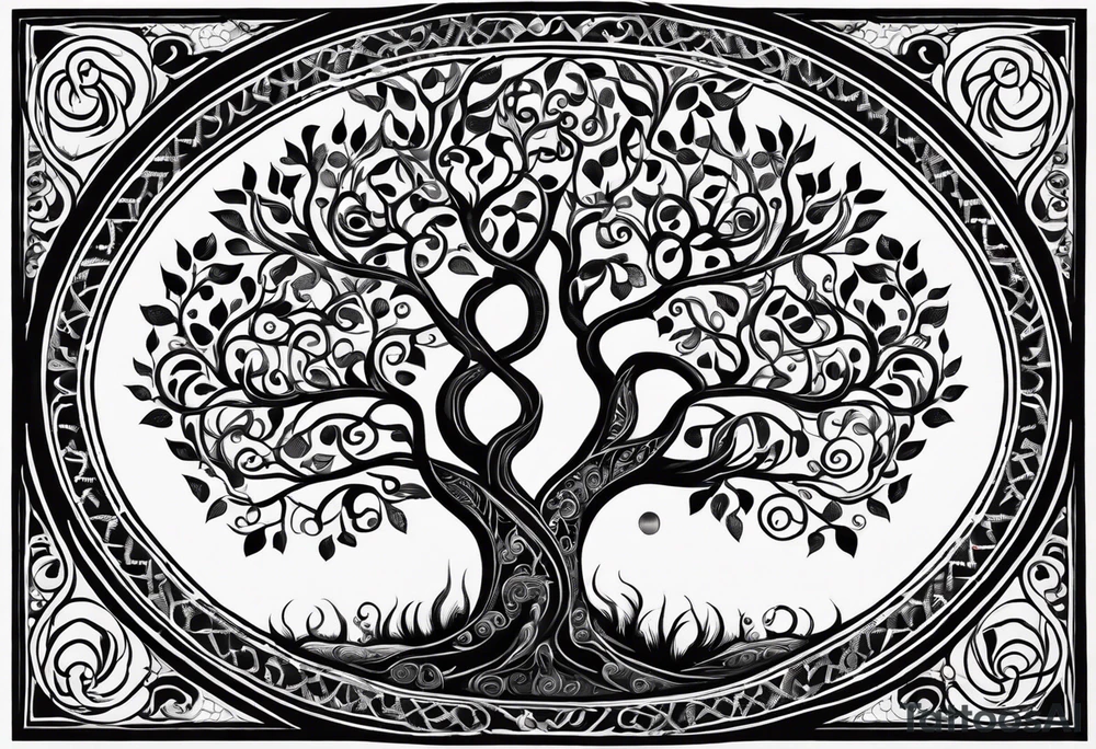 Black and white folk art whimsical tree of life drawing with roots winding all over tattoo idea