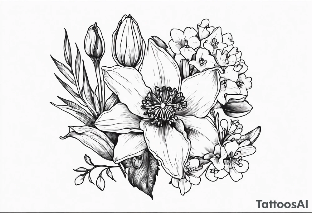 Poppy, larkspur, Lily of the valley, daffodil, flower bouquet, portrait style tattoo idea