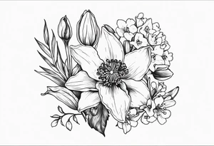 Poppy, larkspur, Lily of the valley, daffodil, flower bouquet, portrait style tattoo idea