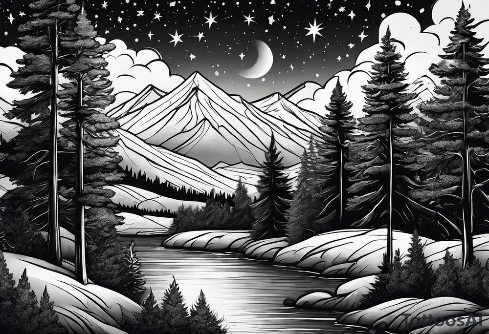 Lighter shaded night sky with stars.  Night sky fading at edges 

Mountains 

Trees with snow on them tattoo idea