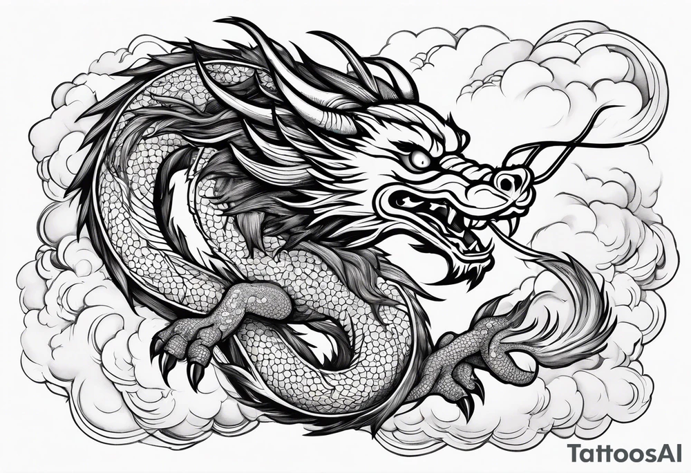 chinese dragon blowing fire while flying through a thunderstorm tattoo idea