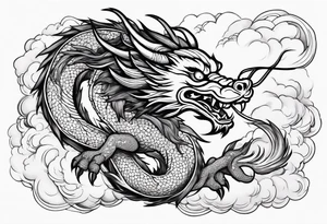 chinese dragon blowing fire while flying through a thunderstorm tattoo idea