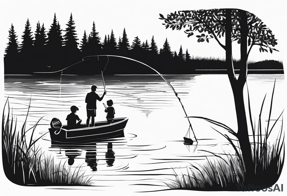 forearm tattoo set on a lake. At the bottom of the tattoo there is a boat dock with a little boy fishing and a little girl reading. There are trees surrounding the lake. tattoo idea