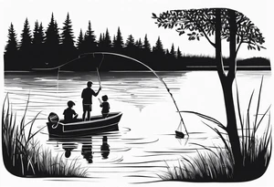 forearm tattoo set on a lake. At the bottom of the tattoo there is a boat dock with a little boy fishing and a little girl reading. There are trees surrounding the lake. tattoo idea