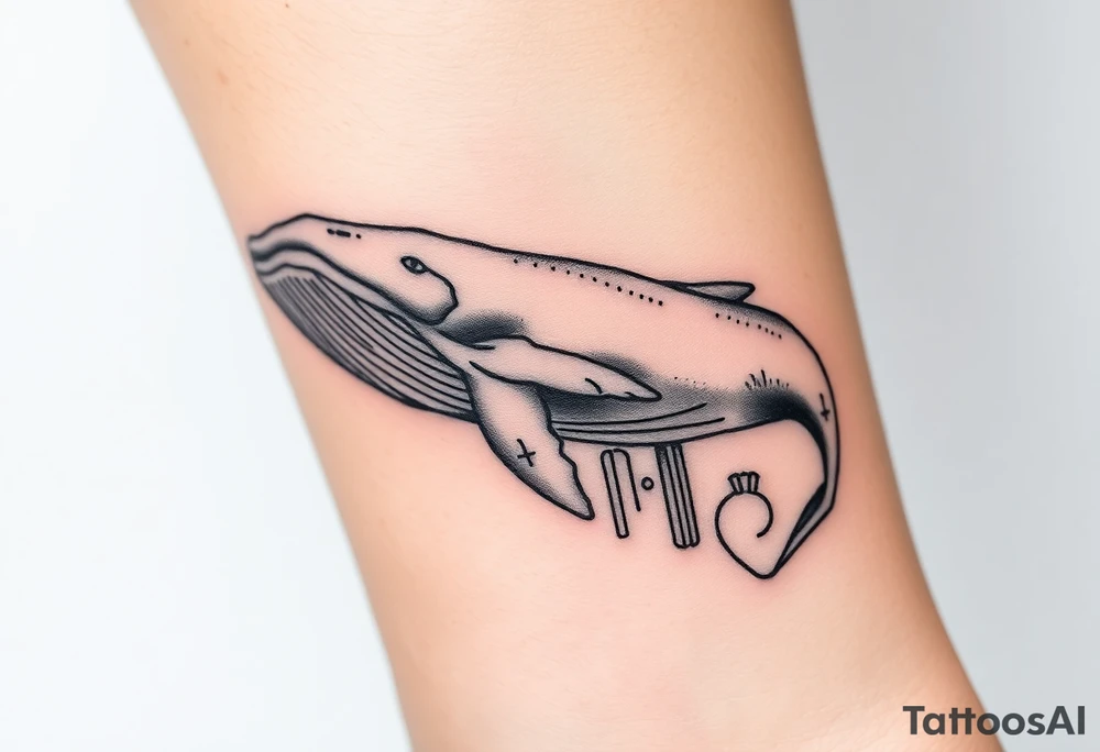 Blue whale flying above new york city tattoo idea