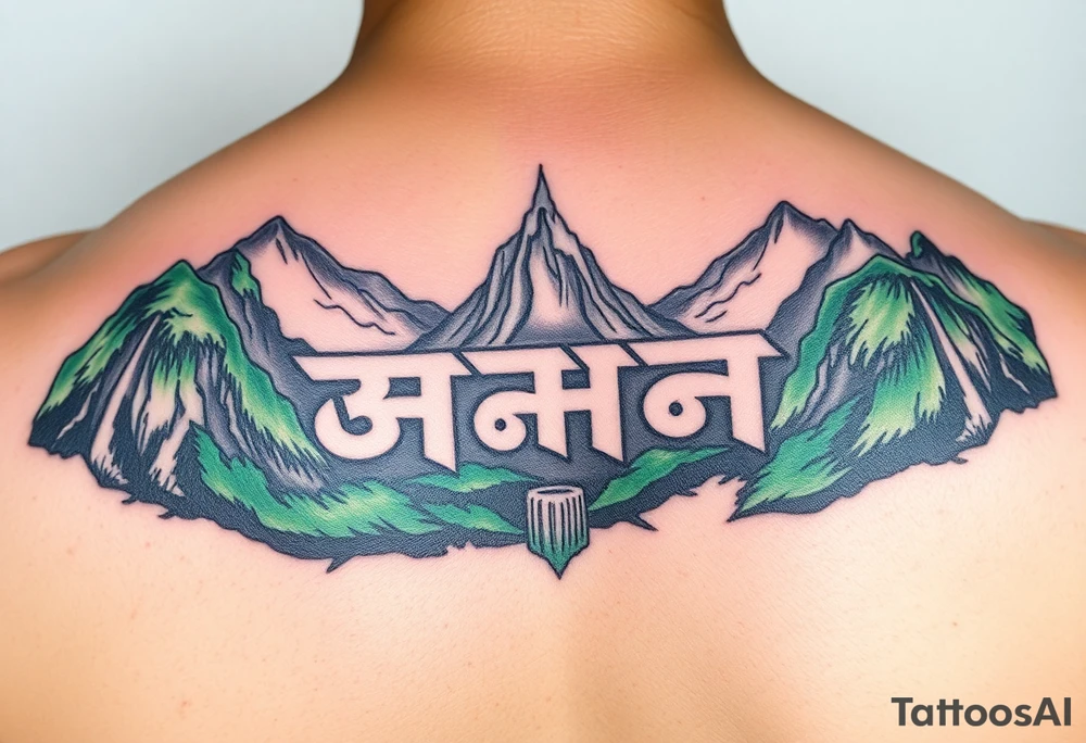 The Burmese word သား Inside of a photo the subject of the photo.  The photo surrounded by a colorful green mountainside with a waterfall tattoo idea