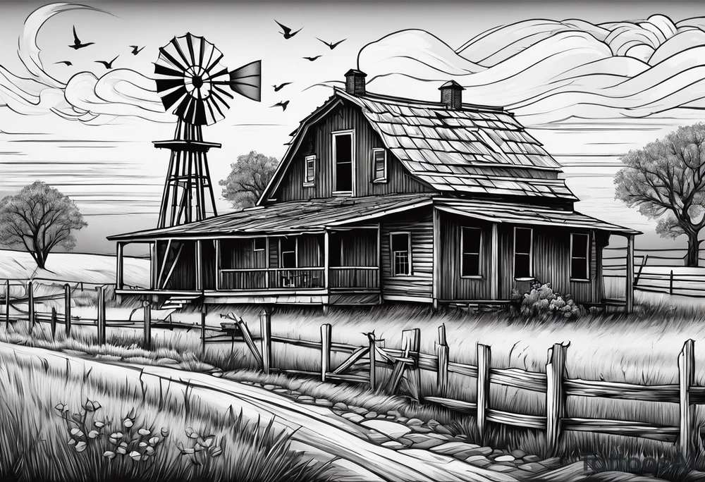 An old oklahoma farmhouse being swept away in a tornado.  In the landscape there is an old windmill in the distance and a Scissortail flycatcher perched on a fence. tattoo idea