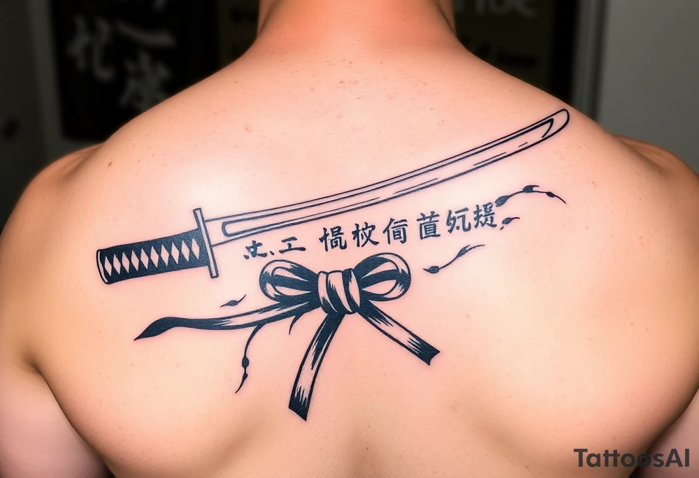 Katana with a black belt and fabled written in korean tattoo idea