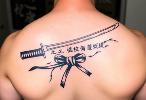 Katana with a black belt and fabled written in korean tattoo idea