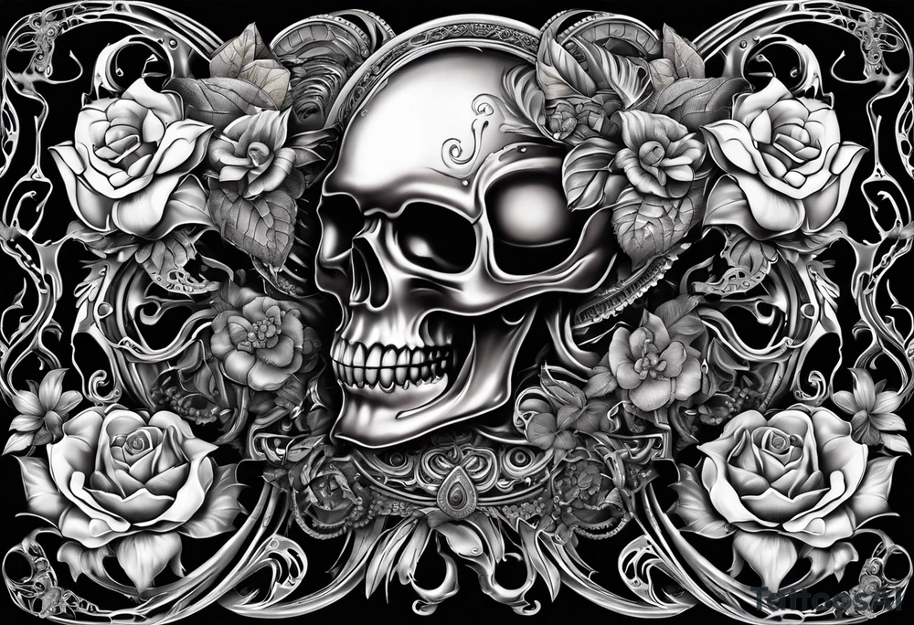 H.R. Giger tattoo with realistic evil skull, various flowers, water and fall colors tattoo idea