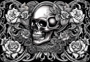 H.R. Giger tattoo with realistic evil skull, various flowers, water and fall colors tattoo idea